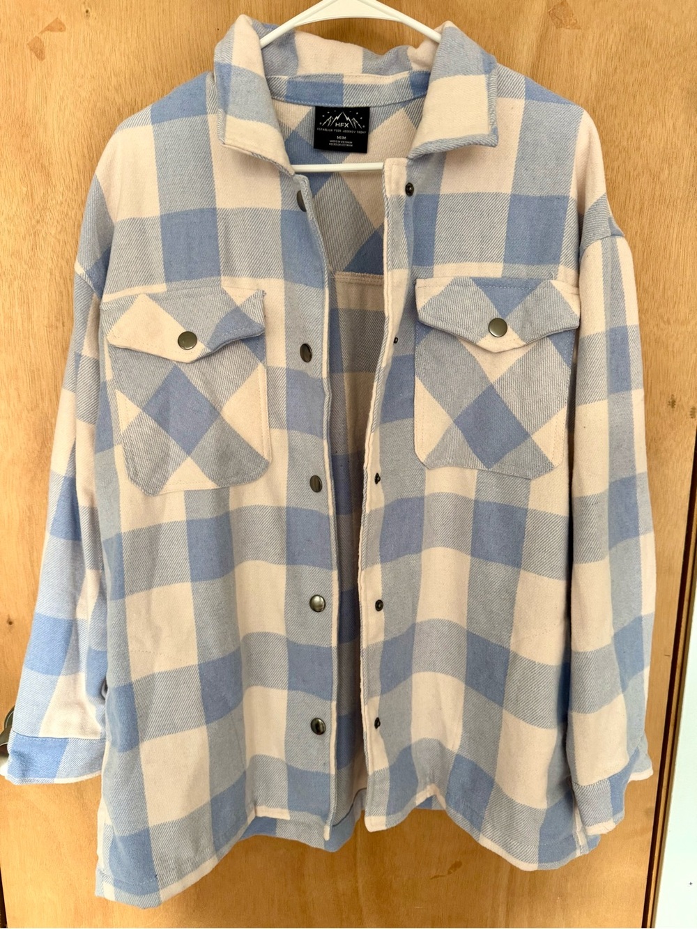 Light Blue & White Check Flannel Shirt Jacket